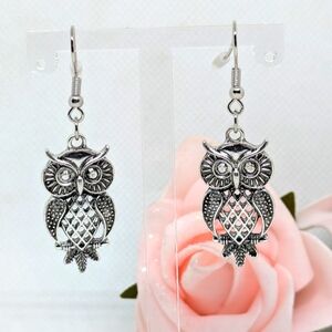 New Owl Earrings Silver Tone Dangle 2" Boho Bohemian